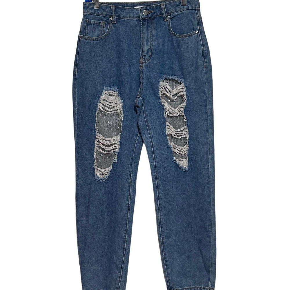 Denim Blvd Los Angeles Women's Boyfriend Sequin and Lace Distressed Jeans Size S